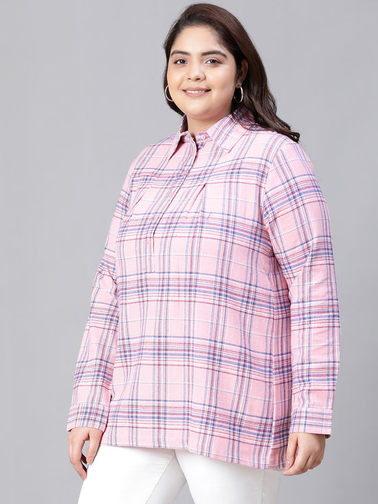 Dreamy Pink Brush Check Plus Size Women Cotton Top-W23280PBL002