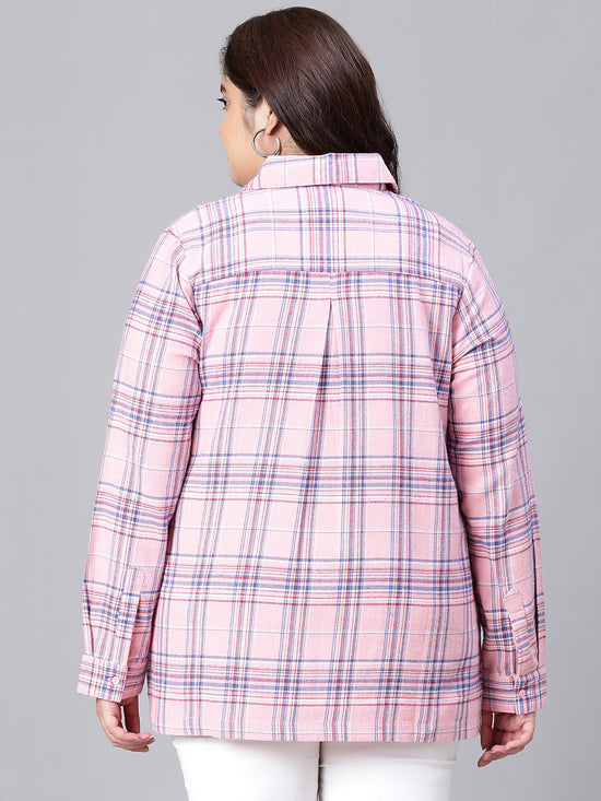 Dreamy Pink Brush Check Plus Size Women Cotton Top-W23280PBL002