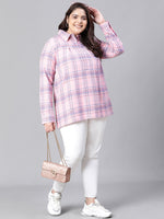 Dreamy Pink Brush Check Plus Size Women Cotton Top-W23280PBL002