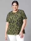 Women Plus Size Khaki Round Neck Animal Print Short Sleeve Top-W23302PBL001