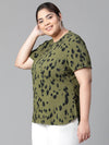 Women Plus Size Khaki Round Neck Animal Print Short Sleeve Top-W23302PBL001