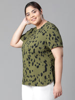 Women Plus Size Khaki Round Neck Animal Print Short Sleeve Top-W23302PBL001