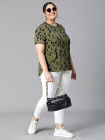 Women Plus Size Khaki Round Neck Animal Print Short Sleeve Top-W23302PBL001