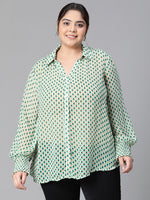 Women Plus Size Green Dot Printed Collared Button Deatiled Long Sleeve Top-W23303PSH001