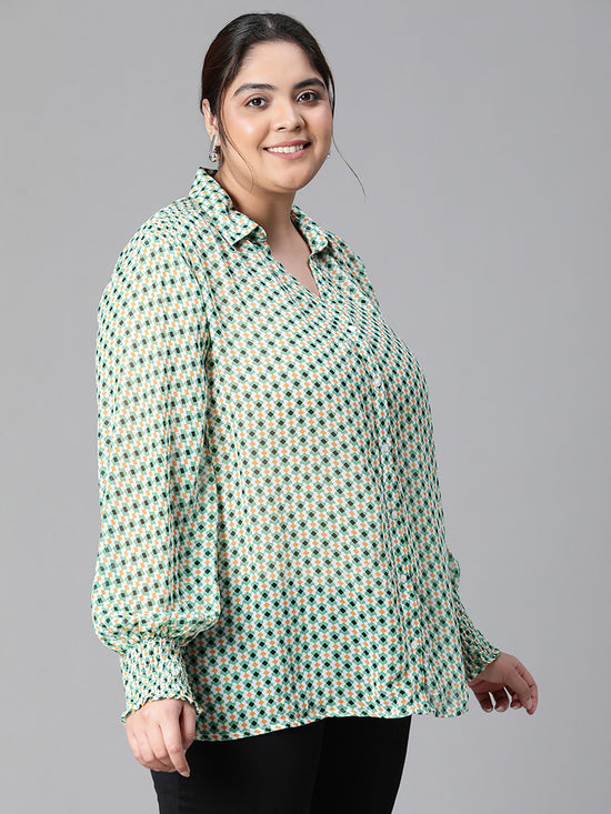 Women Plus Size Green Dot Printed Collared Button Deatiled Long Sleeve Top-W23303PSH001