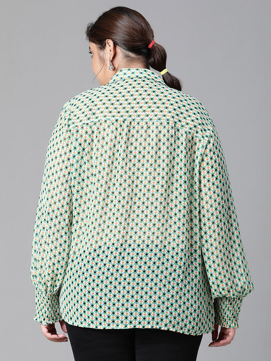 Women Plus Size Green Dot Printed Collared Button Deatiled Long Sleeve Top-W23303PSH001