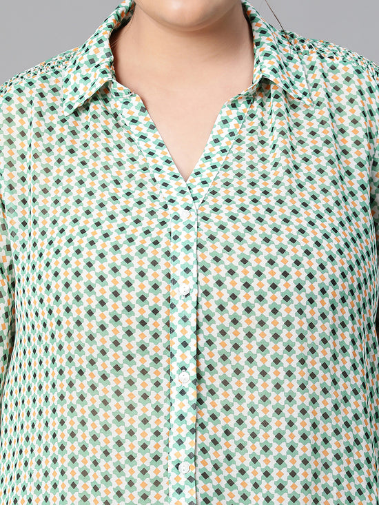 Women Plus Size Green Dot Printed Collared Button Deatiled Long Sleeve Top-W23303PSH001