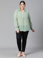 Women Plus Size Green Dot Printed Collared Button Deatiled Long Sleeve Top-W23303PSH001