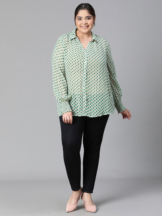 Women Plus Size Green Dot Printed Collared Button Deatiled Long Sleeve Top-W23303PSH001