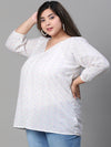 Women Plus Size White Embroidered  V-Neck Long Sleeve Top-W23305PBL003