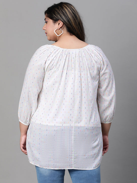 Women Plus Size White Embroidered  V-Neck Long Sleeve Top-W23305PBL003