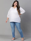 Women Plus Size White Embroidered  V-Neck Long Sleeve Top-W23305PBL003