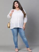 Women Plus Size White Embroidered  V-Neck Long Sleeve Top-W23305PBL003