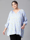 Women Plus Size Blue Floral Print V-Neck Long Sleeve Top-W23305PBL005