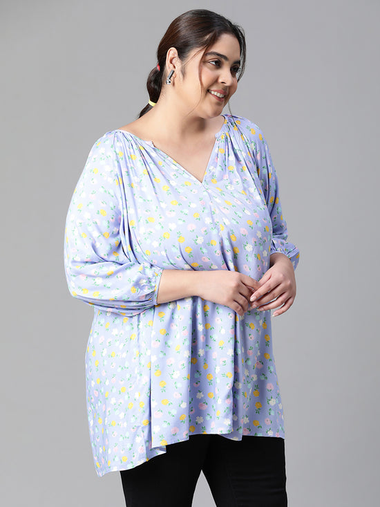 Women Plus Size Blue Floral Print V-Neck Long Sleeve Top-W23305PBL005