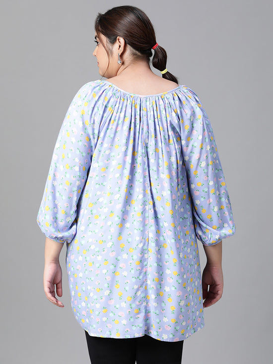 Women Plus Size Blue Floral Print V-Neck Long Sleeve Top-W23305PBL005