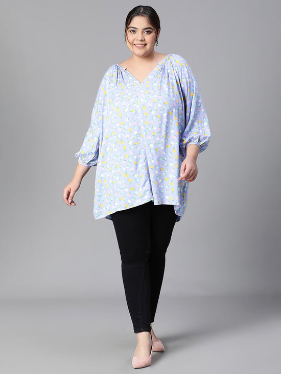 Women Plus Size Blue Floral Print V-Neck Long Sleeve Top-W23305PBL005