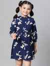 Kids Girl Blue Floral Print Round Neck Long Sleeve Elasticated Long Dress-W23601GDR003