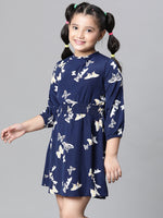 Kids Girl Blue Floral Print Round Neck Long Sleeve Elasticated Long Dress-W23601GDR003