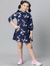 Kids Girl Blue Floral Print Round Neck Long Sleeve Elasticated Long Dress-W23601GDR003