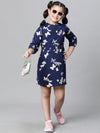 Kids Girl Blue Floral Print Round Neck Long Sleeve Elasticated Long Dress-W23601GDR003