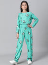 Kids Girl Green Floral Print Round Neck Full Sleeve Elasticated Jumpsuit-W23603GOV001