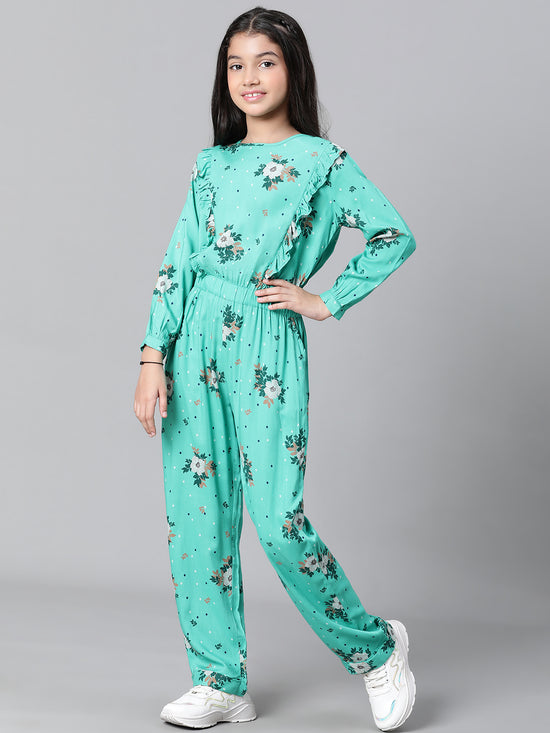 Kids Girl Green Floral Print Round Neck Full Sleeve Elasticated Jumpsuit-W23603GOV001