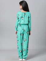 Kids Girl Green Floral Print Round Neck Full Sleeve Elasticated Jumpsuit-W23603GOV001