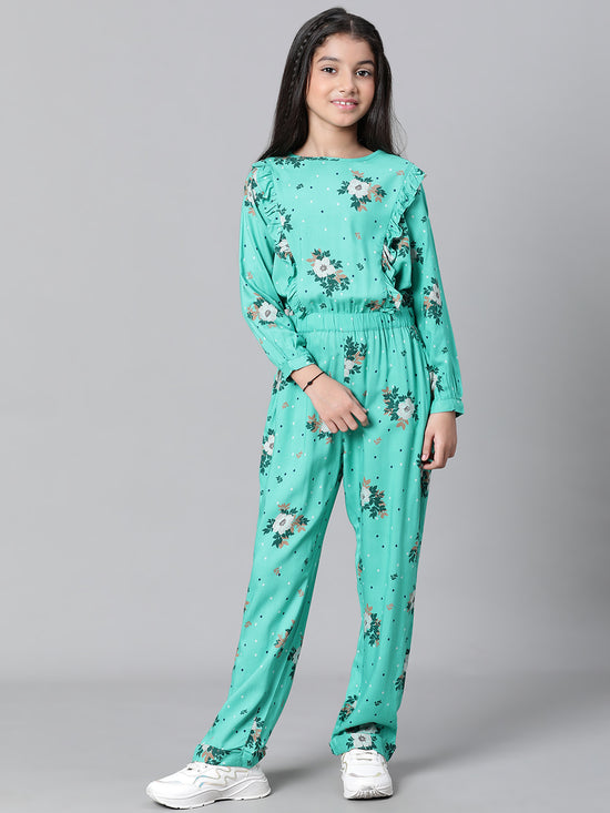 Kids Girl Green Floral Print Round Neck Full Sleeve Elasticated Jumpsuit-W23603GOV001