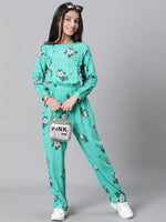 Kids Girl Green Floral Print Round Neck Full Sleeve Elasticated Jumpsuit-W23603GOV001