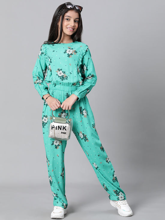 Kids Girl Green Floral Print Round Neck Full Sleeve Elasticated Jumpsuit-W23603GOV001