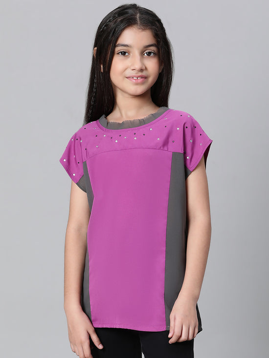 Kids Girl Purple Round Neck Short Sleeve Long Top-W23604GBL001