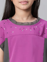 Kids Girl Purple Round Neck Short Sleeve Long Top-W23604GBL001