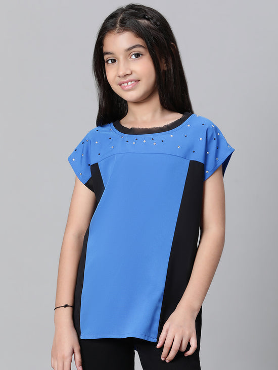 Kids Girl Blue Round Neck Short Sleeve Long Top-W23604GBL002