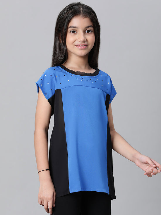 Kids Girl Blue Round Neck Short Sleeve Long Top-W23604GBL002