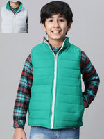 Kids Boy White & Green Zip Lined Sleeveless Reversible Quilted Jacket-W23612BJK001