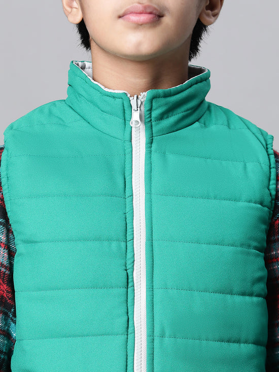 Kids Boy White & Green Zip Lined Sleeveless Reversible Quilted Jacket-W23612BJK001