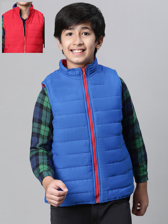 Kids Boy Red & Blue Zip Lined Sleeveless Reversible Quilted Jacket-W23612BJK002