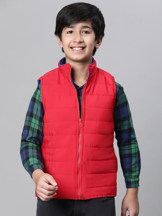 Kids Boy Red & Blue Zip Lined Sleeveless Reversible Quilted Jacket-W23612BJK002