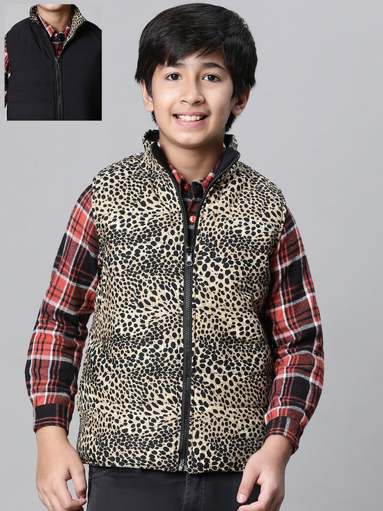 Kids Boy Brown Animal Printed Zip Lined Sleeveless Reversible Jacket-W23612BJK004