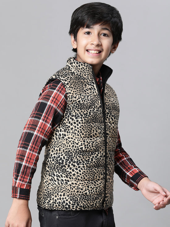 Kids Boy Brown Animal Printed Zip Lined Sleeveless Reversible Jacket-W23612BJK004