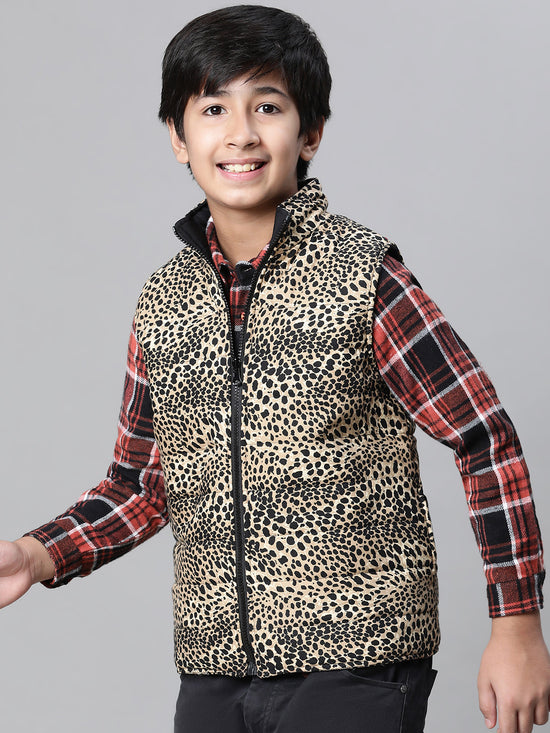 Kids Boy Brown Animal Printed Zip Lined Sleeveless Reversible Jacket-W23612BJK004