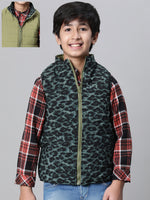 Kids Boy Green Animal Printed Zip Lined Sleeveless Reversible Jacket-W23612BJK005