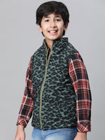 Kids Boy Green Animal Printed Zip Lined Sleeveless Reversible Jacket-W23612BJK005