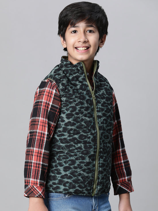 Kids Boy Green Animal Printed Zip Lined Sleeveless Reversible Jacket-W23612BJK005