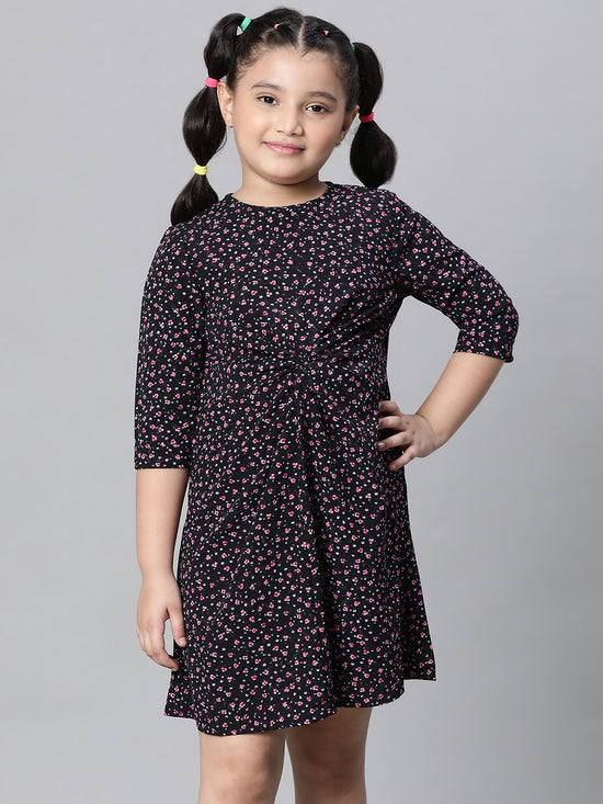 Kids Girl Floral Print Milticolor Round Neck 3/4 Sleeve Gather Pleate Style Knee-Length Dress-W23613GDR002