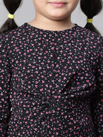 Kids Girl Floral Print Milticolor Round Neck 3/4 Sleeve Gather Pleate Style Knee-Length Dress-W23613GDR002