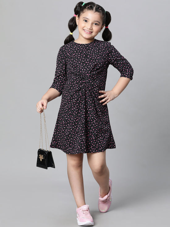 Kids Girl Floral Print Milticolor Round Neck 3/4 Sleeve Gather Pleate Style Knee-Length Dress-W23613GDR002