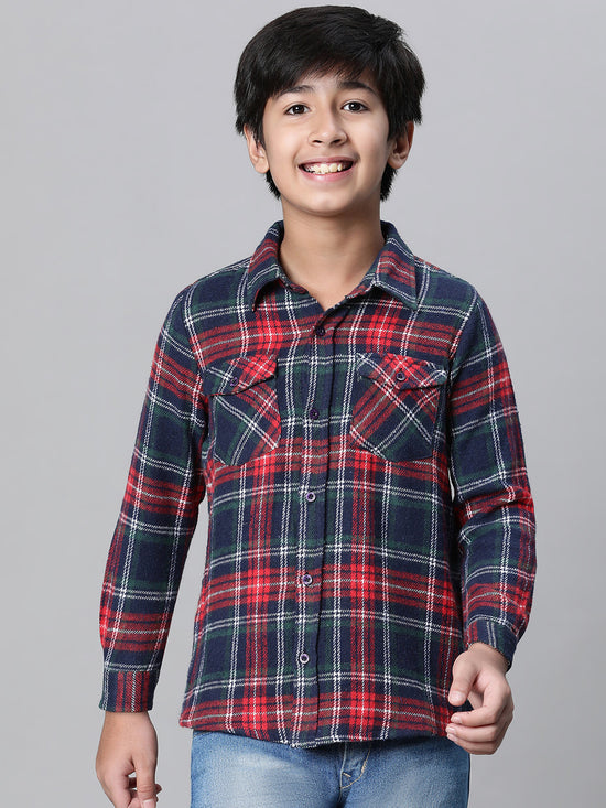 Kids Boy Multicolor Brush Check Full Sleeve Buttoned Cotton Shirt-W23623BSH001