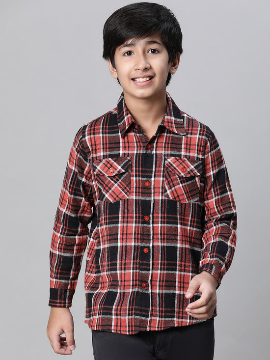 Kids Boy Multicolor Brush Check Full Sleeve Buttoned Cotton Shirt-W23623BSH002